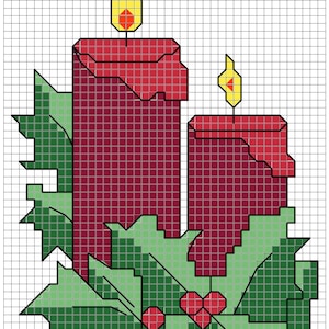 May include: Two red candles with yellow flames, surrounded by green holly leaves and red berries.