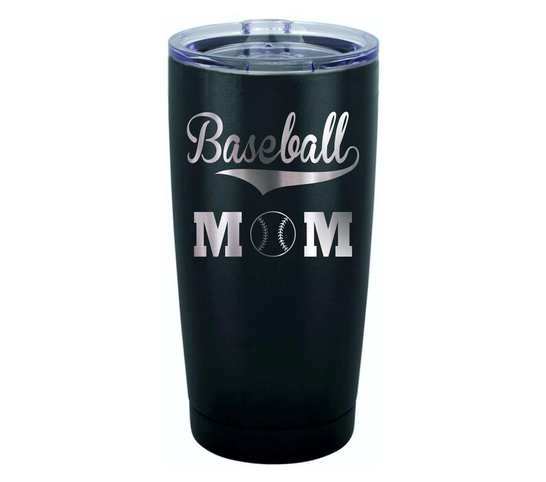May include: Black stainless steel tumbler with a silver inscription that reads "Baseball MOM" with a baseball graphic.