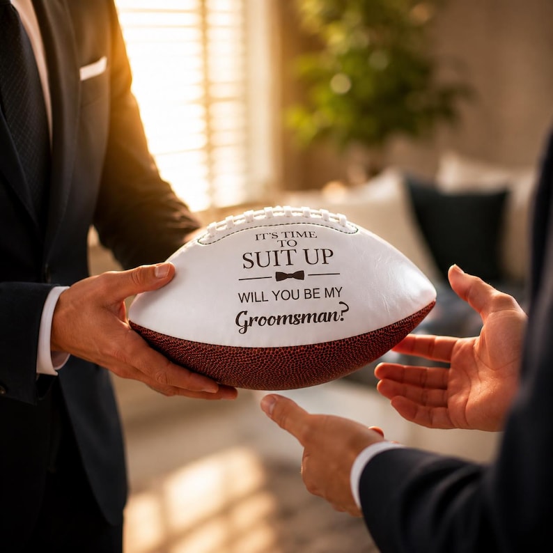 Puede incluir: Un bal&oacute;n de f&uacute;tbol americano blanco y marr&oacute;n con texto negro que dice IT'S TIME TO SUIT UP, un peque&ntilde;o icono de pajarita y la pregunta WILL YOU BE MY Groomsman? El bal&oacute;n tiene cordones blancos y una superficie de cuero marr&oacute;n texturizado.
