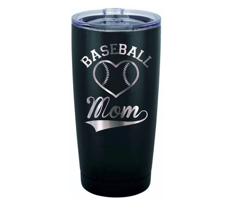 May include: Black stainless steel tumbler with a silver design that says "Baseball Mom" with a baseball in a heart shape.
