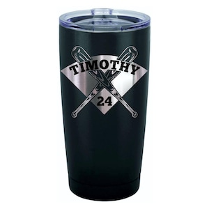 May include: Black stainless steel tumbler with a silver diamond-shaped design featuring two crossed baseball bats and the text "TIMOTHY 24".