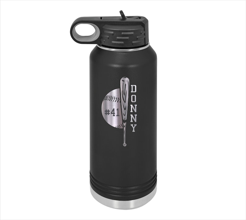May include: Black stainless steel water bottle with a silver baseball and bat design and the name "DONNY #41" engraved on the side.
