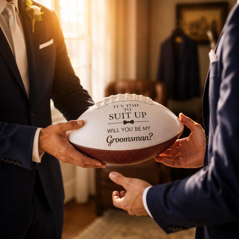 Puede incluir: Un bal&oacute;n de f&uacute;tbol americano de cuero blanco y marr&oacute;n con el texto impreso en negro IT'S TIME TO SUIT UP WILL YOU BE MY Groomsman? y un peque&ntilde;o gr&aacute;fico de pajarita en el centro. El bal&oacute;n es sostenido por dos personas con trajes azul marino.