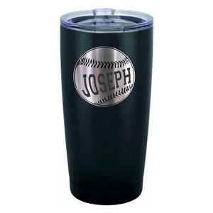 May include: Black stainless steel tumbler with a silver baseball design and the name "JOSEPH" engraved on it.