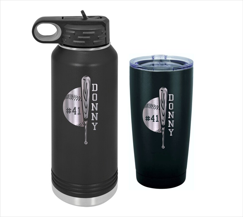 May include: A black and silver stainless steel water bottle and tumbler set with a baseball and bat design. The bottle has a carrying handle and a screw-on lid. The tumbler has a lid with a straw hole. Both items are engraved with the text "#41 DONNY".