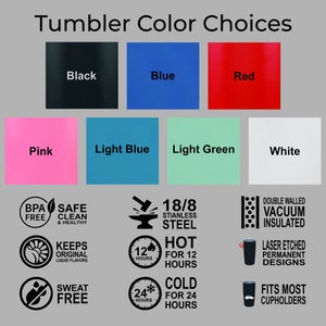 May include: Image showcasing tumbler color options: Black, Blue, Red, Pink, Light Blue, Light Green, and White. Features include BPA-free, 18/8 stainless steel, vacuum insulation, and laser-etched designs. The text reads "Tumbler Color Choices."