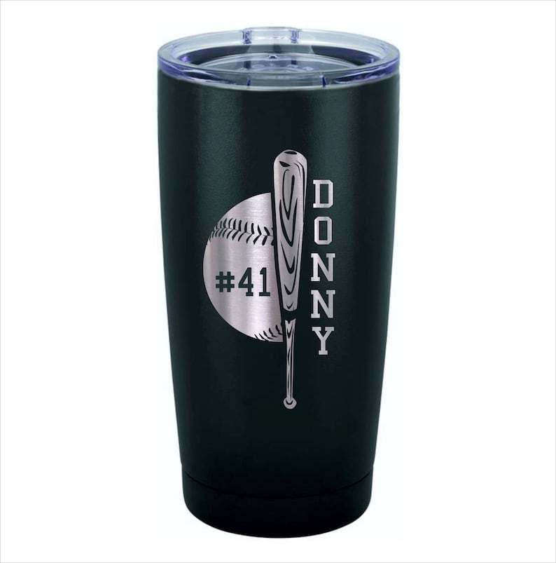 May include: Black stainless steel tumbler with a baseball and bat design. The tumbler is engraved with the name "DONNY" and the number "#41".