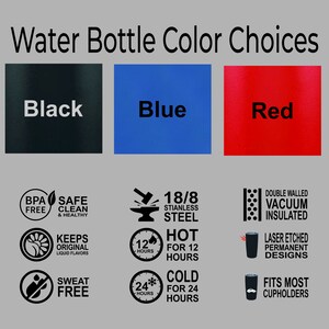 May include: Water bottle color choices: black, blue, and red. Features include 18/8 stainless steel, double-walled vacuum insulated, keeps drinks hot for 12 hours and cold for 24 hours, laser etched permanent designs, and fits most cupholders.