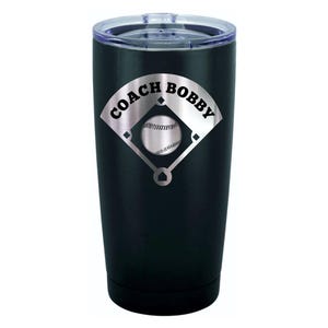 May include: Black stainless steel tumbler with a silver baseball diamond design and the text "Coach Bobby".