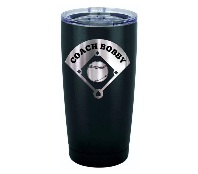 May include: Black stainless steel tumbler with a silver baseball diamond design and the text "Coach Bobby".