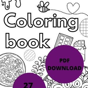 Coloring book, pdf download, for kids and adults, mandala, animals, food, printable, digital download, pdf file, bundle