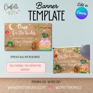 Può includere: Modello di banner con il testo "Banner TEMPLATE" e "Edit in Canva". Il banner presenta illustrazioni di una luna, palloncini, un bruco, un orso e pile di libri. È visibile anche il testo "One for the books".