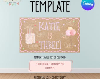 May include: A banner template with the text "Banner TEMPLATE" in black. The banner features a pink-bordered design with the text "KATIE IS THREE!" and a cake illustration. The words "Edit in Canva" are in a circle.