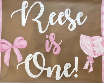 Bonnets and Bows Painted banner, Party Sign, Kraft paper banner, custom hand painted, party banner, first birthday, gingham