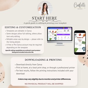 Pu&ograve; includere: Una guida digitale per la modifica e la stampa di modelli, con l'immagine di una donna, uno schermo di computer e uno smartphone che mostra un design a tema sportivo. La guida include istruzioni per la modifica, la personalizzazione, il download e la stampa.