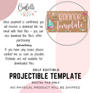 Pu&ograve; includere: Un modello di banner digitale con il testo "BANNER Template" in corsivo rosa su sfondo marrone. L'immagine include un'illustrazione di cappello da festa e il testo "PROJECTIBLE TEMPLATE". Il design &egrave; solo per file digitali.