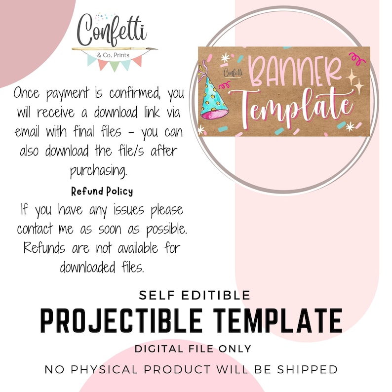 Pu&ograve; includere: Un modello di banner digitale con il testo "BANNER Template" in corsivo rosa su sfondo marrone. L'immagine include un'illustrazione di cappello da festa e il testo "PROJECTIBLE TEMPLATE". Il design &egrave; solo per file digitali.