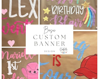 May include: Four examples of custom banners with different designs and colors. The banners are made of brown paper and have white lettering. The designs include a rainbow, a cowboy hat, a baseball cap, and hearts.