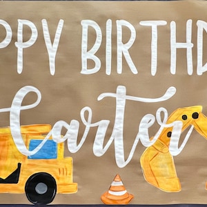 Handpainted Construction-Themed Birthday Party Banner, custom construction banner, excavator, dump truck