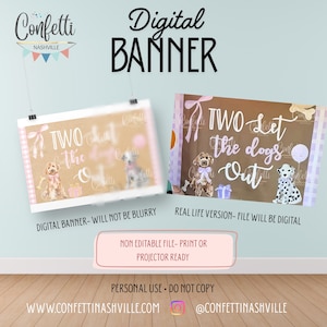 Può includere: Uno striscione digitale con il testo TWO let the dogs Out, illustrato con due cani con fiocchi, un osso e un regalo. Il design presenta uno sfondo marrone chiaro con un bordo a scacchi e dettagli di nastri rosa per decorazioni di feste.