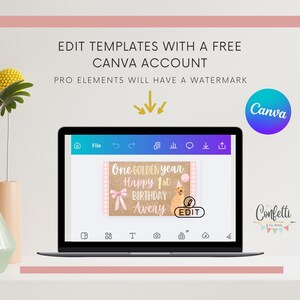 Pu&ograve; includere: Un laptop mostra un modello Canva per un primo compleanno. Il design presenta il testo "One Golden Year, Happy 1st Birthday, Avery", un fiocco rosa, un'illustrazione di cane e un palloncino rosa. Il logo Canva &egrave; visibile.