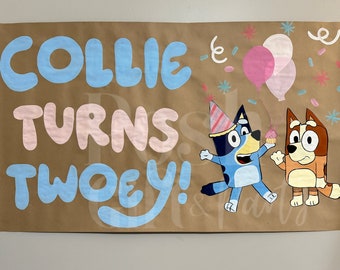 Bluey Inspired Birthday Banner, Bluey and Bingo Inspired Painted banner,Kraft paper banner, custom hand painted, party banner