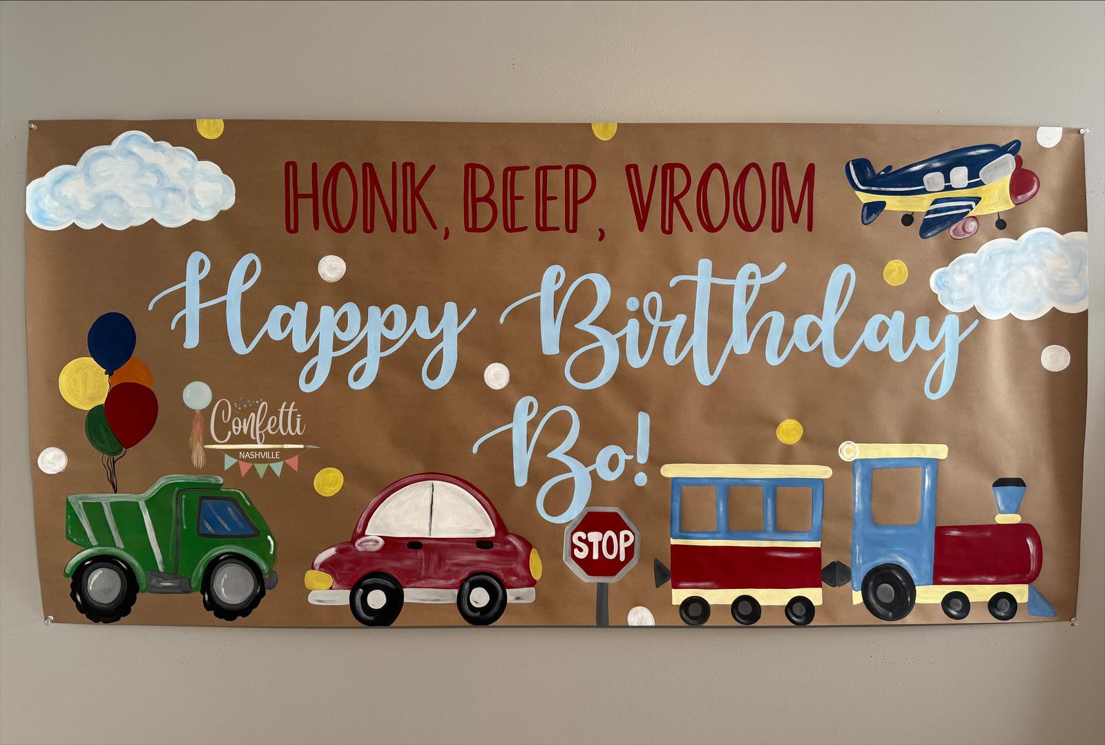Painted Birthday Banner, Honk Beep Vroom, Cars, Trucks, Airplanes