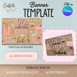 Può includere: Un modello di banner con un design rosa e marrone. Il banner include il testo "26 and the City" con illustrazioni di un cocktail, una borsa e un taxi giallo. È incluso anche il testo "Emelia is 26!".