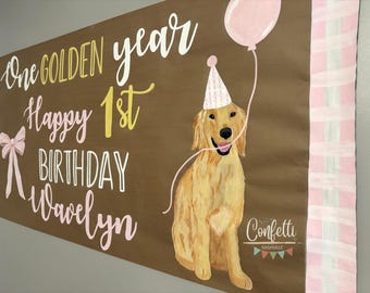 Custom Hand Painted First Birthday Banner: Golden Retriever Puppy