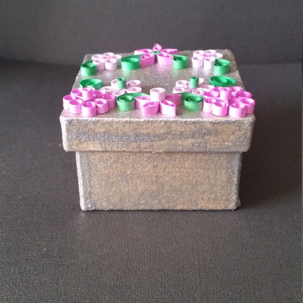 Small paper mache square trinket box, painted silver glitter, embellished with hand quilled lilac and raspberry colored flowers