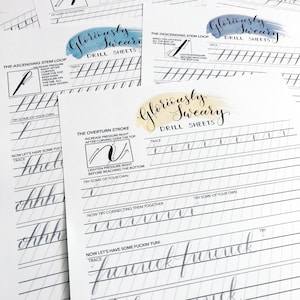 May include: Calligraphy drill sheets with the text "Gloriously Sweary" in a cursive font. The sheets feature practice exercises for various strokes and letterforms, with instructions and examples. The sheets are white with black and gray lines.