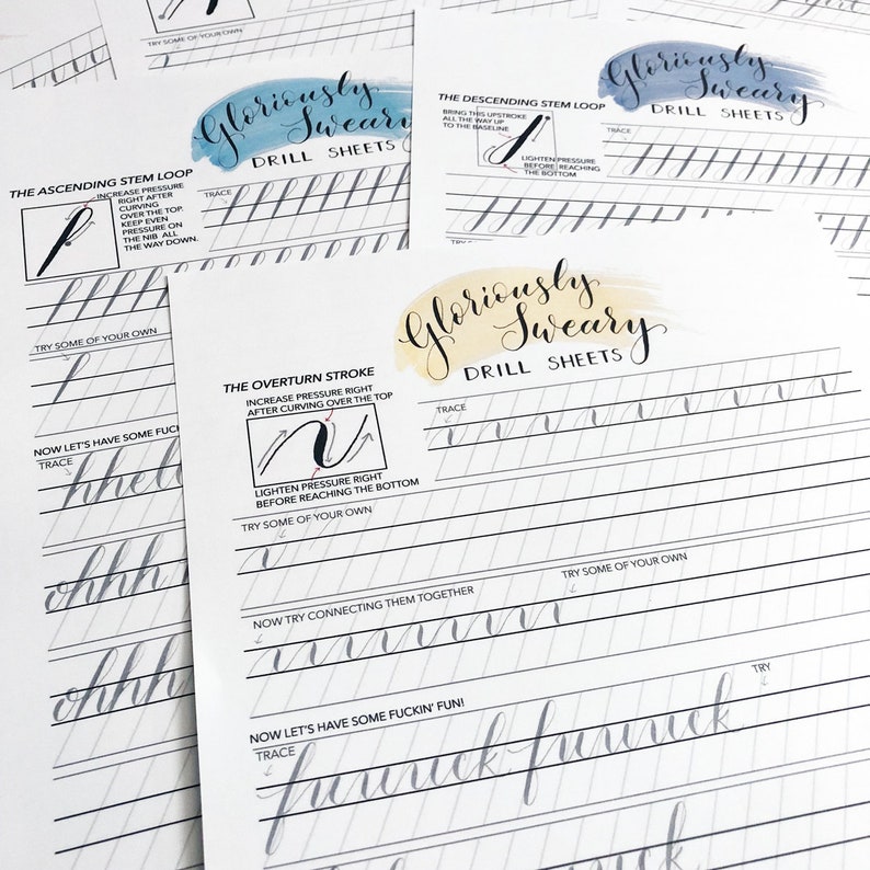 May include: Calligraphy drill sheets with the text "Gloriously Sweary" in a cursive font. The sheets feature practice exercises for various strokes and letterforms, with instructions and examples. The sheets are white with black and gray lines.