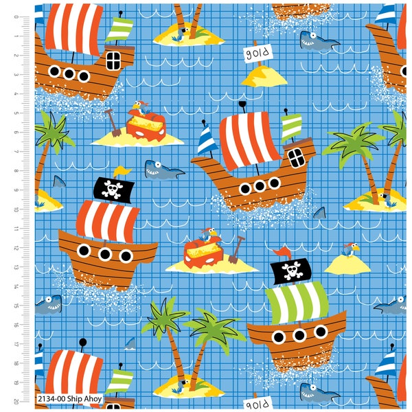 Blue Ship Fabric, Pirate Ship Nautical Fabric Treasure Island Map Fabric, Boys Fabric, Nursery Fabric, Kids Cosplay Fabric,