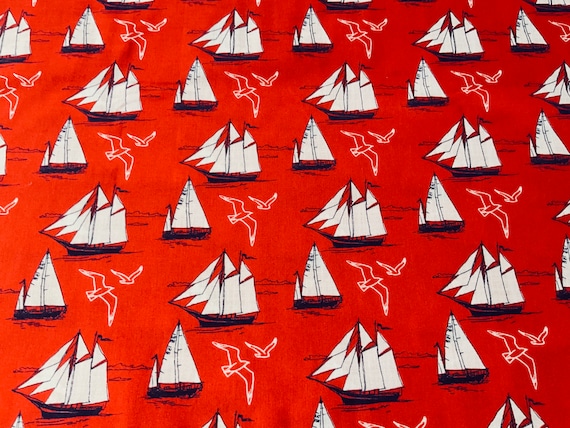 Sail Boats on White 100/% cotton fabric 44 inch// 110cm Lighthouse nautical sea