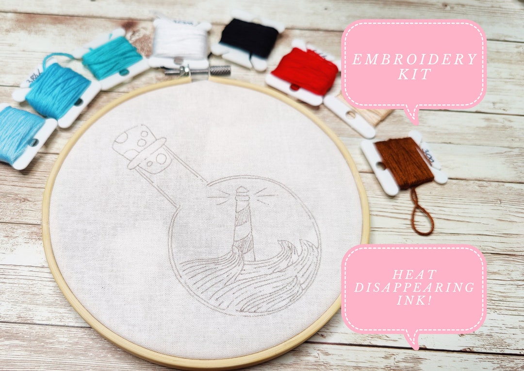 Lighthouse in a Bottle Embroidery Kit for Beginners, Pre Printed Embroidery Kit for Adults and