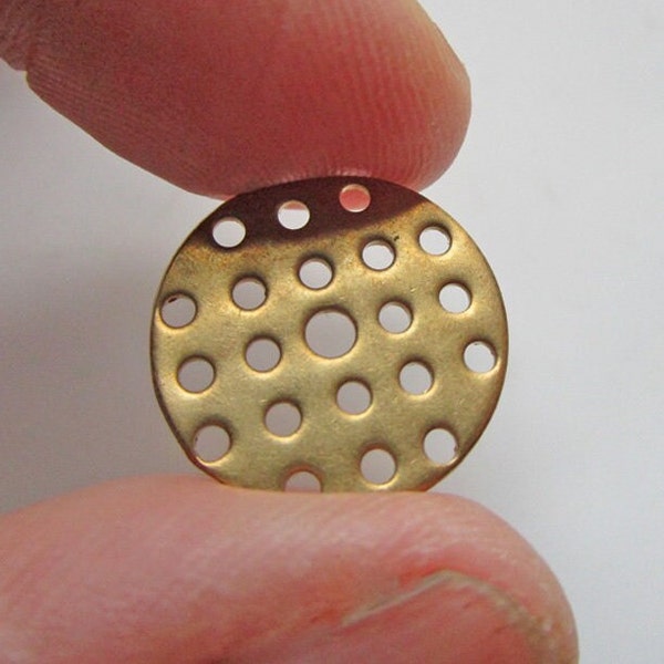 12 Vintage Brass Stampings, 17mm Flat Round with Center Hole and Pierced Grid Design