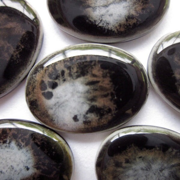 9 Vintage Glass-Coated Porcelain Cabochons with Solar Flare, 18mm x 13mm Oval