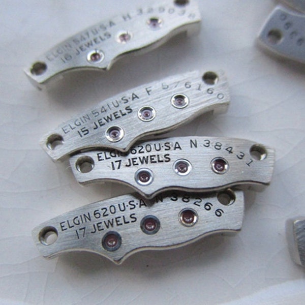 25 Vintage Bar-shaped Watch Parts, Rhodium-plated and Raw Brass with Ruby Glass Jewels, 15mm x 5mm