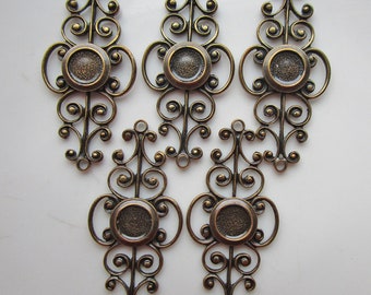 5 Vintage Antiqued Bronze Brass Stampings with Bezel Setting, 41mm x 19mm