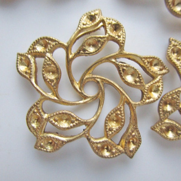 6 Raw Brass Stampings, 26mm Pierced Lacy Flower Design with Center Hole and Rhinestone Settings