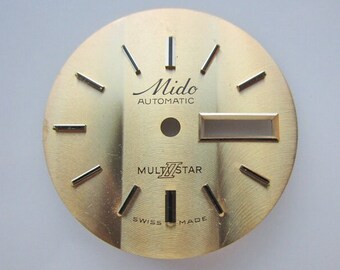 Vintage Mido Automatic Brand Shiny Gold Watch Face, 29mm Round