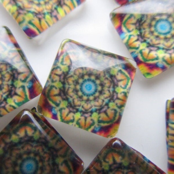 12 Pattern Glass Picture Cabochons, Mandala Design, 10mm Square