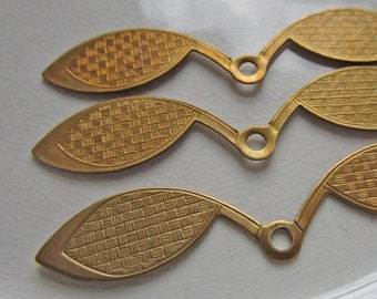 Brass Leaf Stampings with Basketweave Texture and Center Ring, 55mm x 11mm