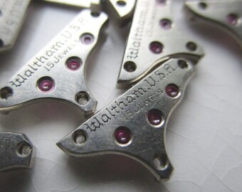 26 Vintage Waltham U.S.A. Watch Parts, Rhodium-plated Brass with Ruby Glass Jewels, 14mm x 8mm