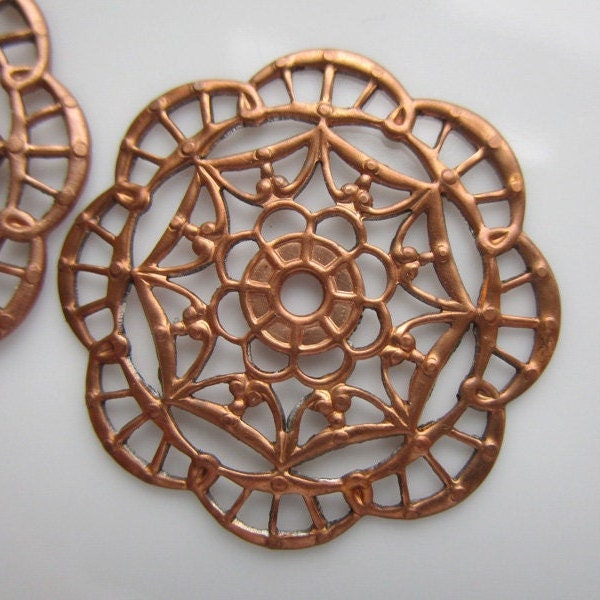 2 Vintage Copper-coated Steel Stampings, 29mm Lacy Medallion