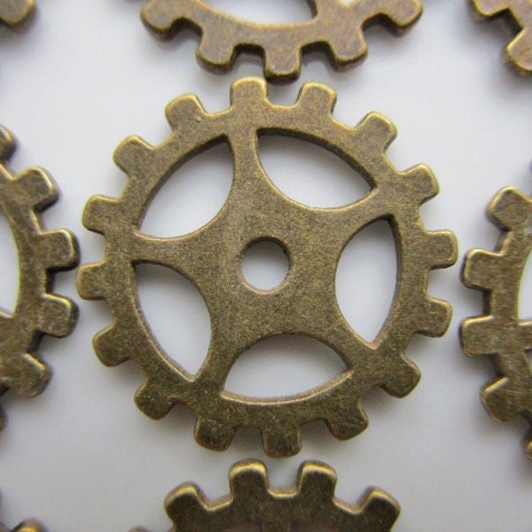 12 Antiqued Bronze over Pewter Notched Gears or Wheels, 19mm