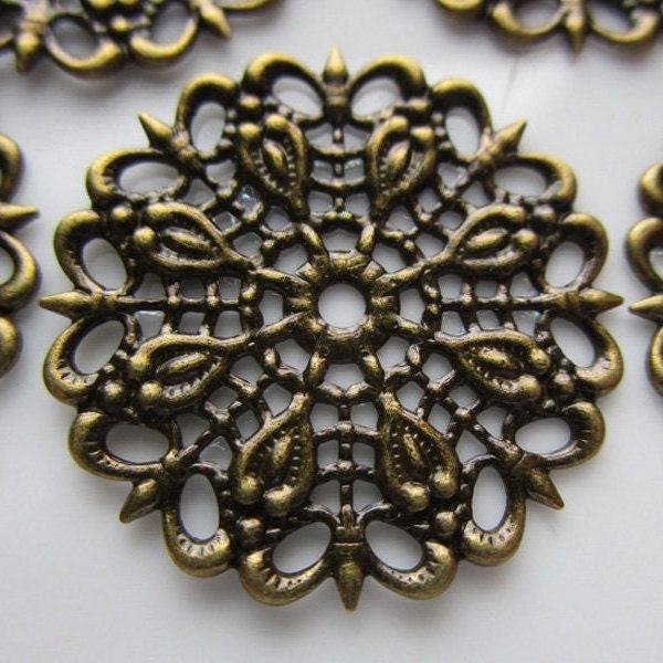 6 Vintage Brass Stampings, 25mm Pierced Filigree Heart with Center Hole and Settings for Rhinestones