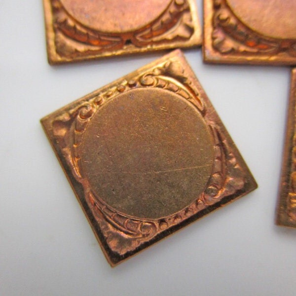 10 Vintage Ginger Brass Stampings, 15mm Square with Circular Center and Decorative Border