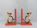 Pair of french 1960 bookends with brass hunting horns 