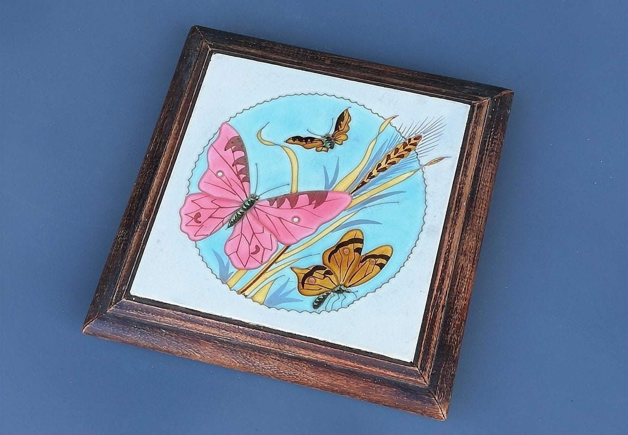 Dessous de Plat en Céramique Émaillée et Bois Vintage